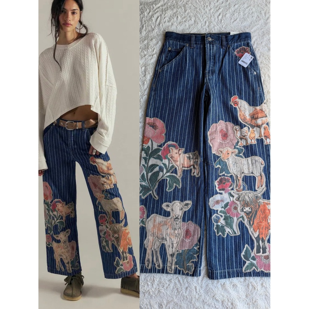 New Free People We The Free Farm To Peach Patched Jeans Barnyard Blue NWT‎ 26 - Picture 12 of 12